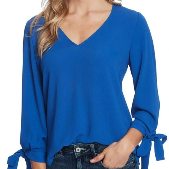 CeCe Flowy V-Neck Long Sleeve Bow Tie-Cuff Blouse in Tropic Night Blue - NWT - Picture 1 of 17